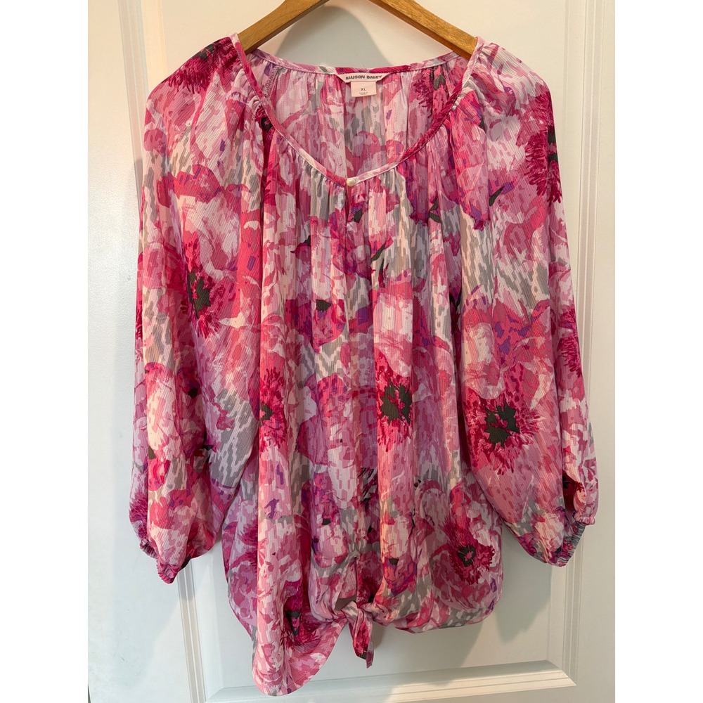 Allison Daley Pink Floral Chiffon Blouse XL Tie Front 3/4 Sleeve Top